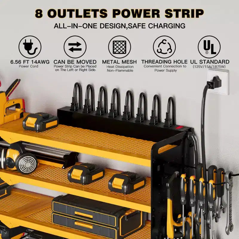 Organisateur mural pour outils électriques à 4 niveaux, 8 porte-perceuses, acier, étagère réglable, panneau perforé, câble de 2 m, rouge/noir/jaune