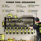 Organisateur mural pour outils électriques à 4 niveaux, 8 porte-perceuses, acier, étagère réglable, panneau perforé, câble de 2 m, rouge/noir/jaune