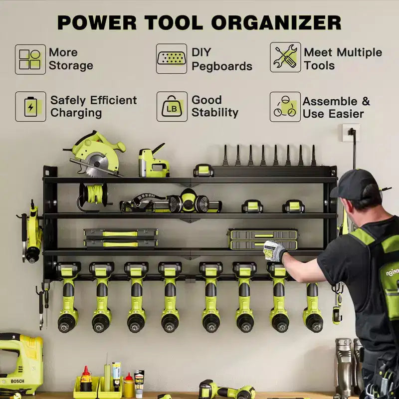 Organisateur mural pour outils électriques à 4 niveaux, 8 porte-perceuses, acier, étagère réglable, panneau perforé, câble de 2 m, rouge/noir/jaune