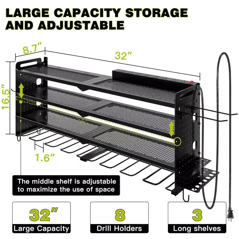 Organisateur mural pour outils électriques à 4 niveaux, 8 porte-perceuses, acier, étagère réglable, panneau perforé, câble de 2 m, rouge/noir/jaune