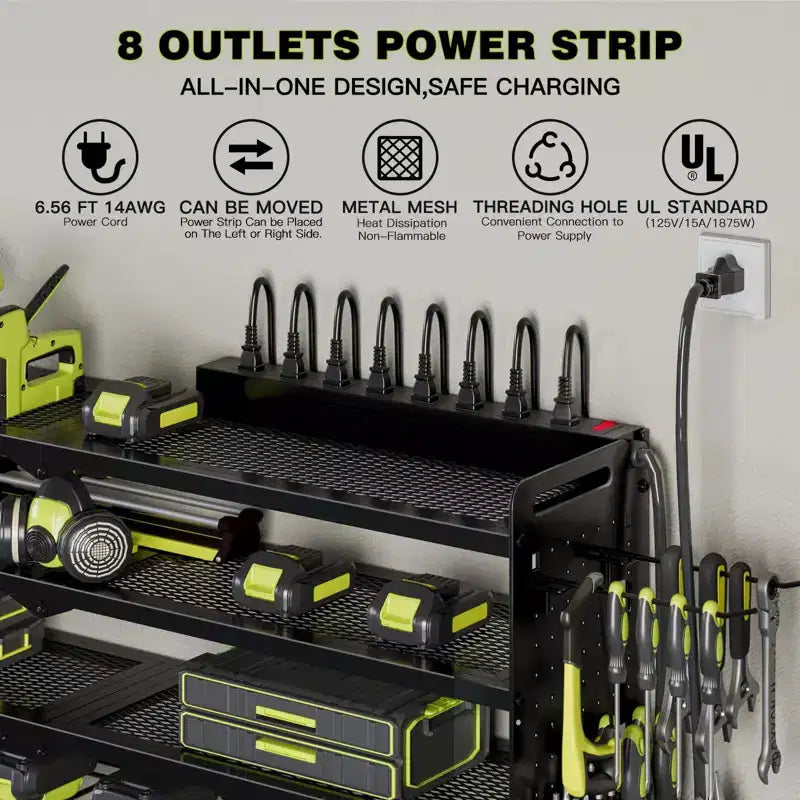 Organisateur mural pour outils électriques à 4 niveaux, 8 porte-perceuses, acier, étagère réglable, panneau perforé, câble de 2 m, rouge/noir/jaune