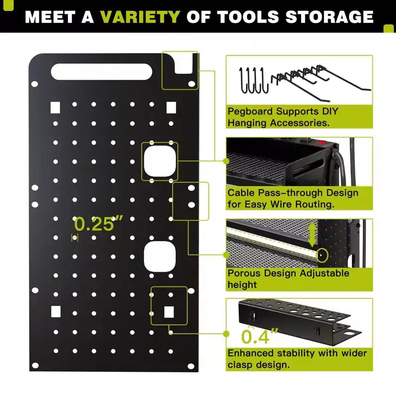 Organisateur mural pour outils électriques à 4 niveaux, 8 porte-perceuses, acier, étagère réglable, panneau perforé, câble de 2 m, rouge/noir/jaune