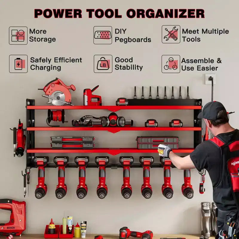 Organisateur mural pour outils électriques à 4 niveaux, 8 porte-perceuses, acier, étagère réglable, panneau perforé, câble de 2 m, rouge/noir/jaune
