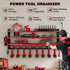 Organisateur mural pour outils électriques à 4 niveaux, 8 porte-perceuses, acier, étagère réglable, panneau perforé, câble de 2 m, rouge/noir/jaune