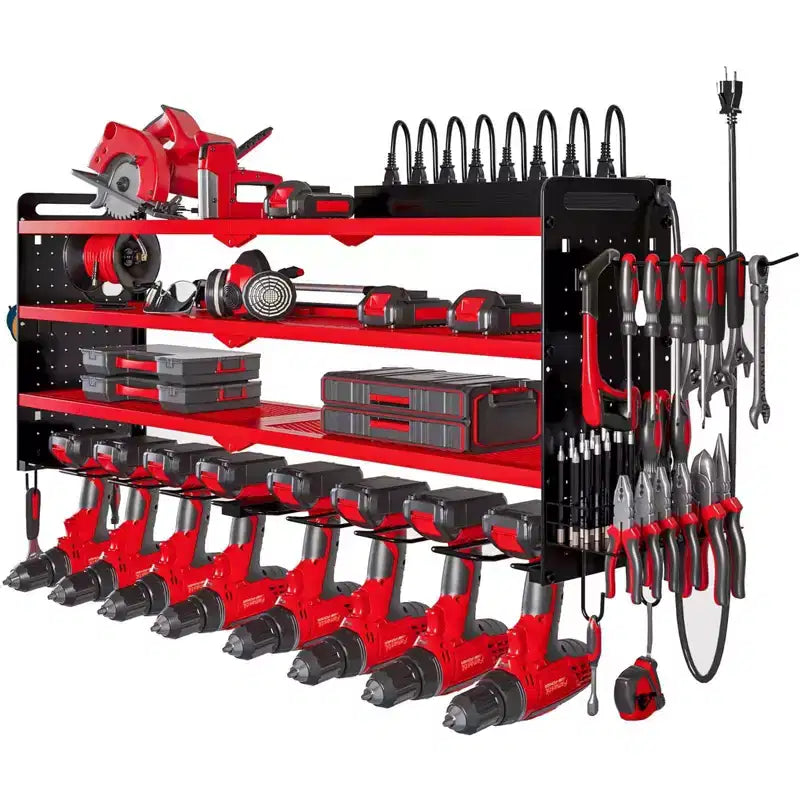 Organisateur mural pour outils électriques à 4 niveaux, 8 porte-perceuses, acier, étagère réglable, panneau perforé, câble de 2 m, rouge/noir/jaune