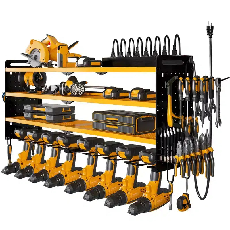 Organisateur mural pour outils électriques à 4 niveaux, 8 porte-perceuses, acier, étagère réglable, panneau perforé, câble de 2 m, rouge/noir/jaune