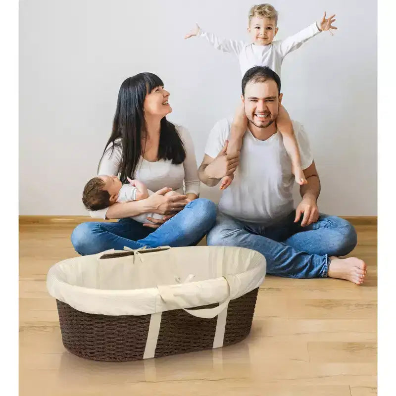 Panier à langer bébé Moïse, Tressé en papier imitation osier, Cadre métallique, Matelas en mousse et doublure, 81x50cm, 0-15 mois