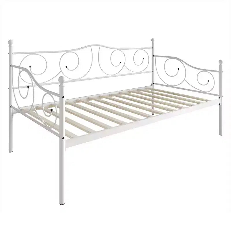 Lit de repos en métal avec détails de finition, support en bois à 12 lattes, finition par revêtement en poudre, capacité de 136 kg, noir/blanc/marron