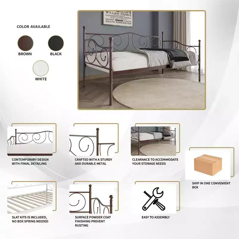 Lit de repos en métal avec détails de finition, support en bois à 12 lattes, finition par revêtement en poudre, capacité de 136 kg, noir/blanc/marron