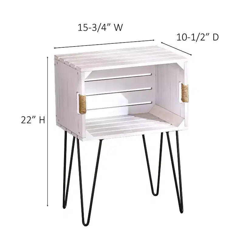 Table d'appoint caisse rustique, pieds épingle, poignées en jute, étagère ouverte, MDF, 40 cm (L) x 26,7 cm (P) x 56 cm (H)