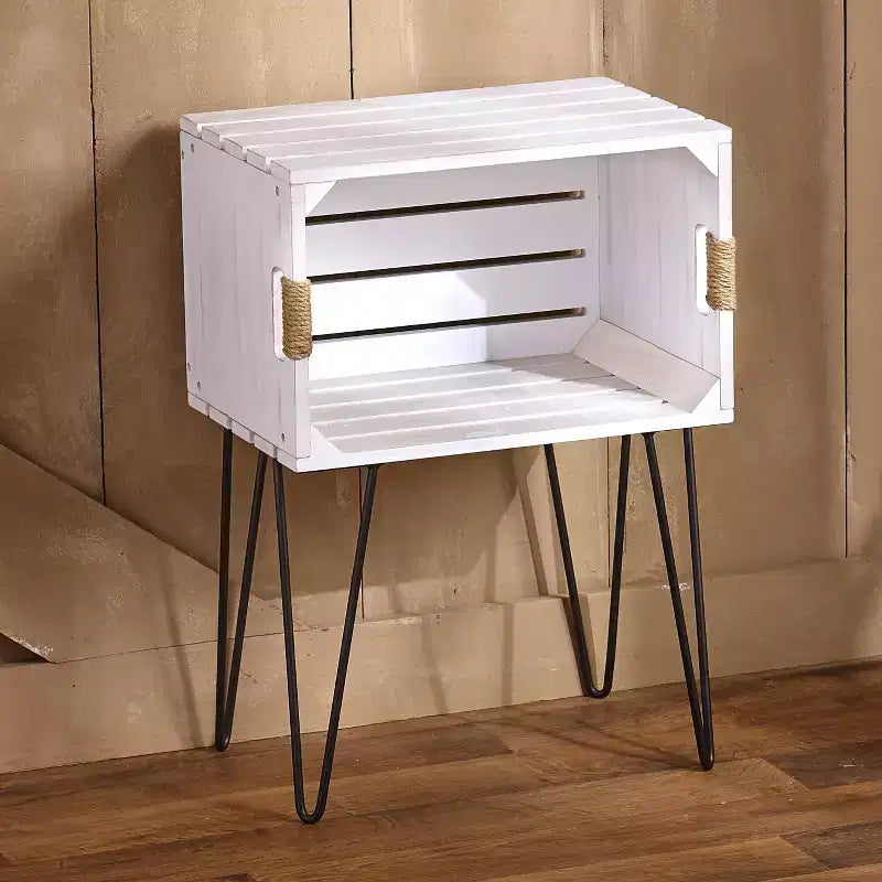 Table d'appoint caisse rustique, pieds épingle, poignées en jute, étagère ouverte, MDF, 40 cm (L) x 26,7 cm (P) x 56 cm (H)