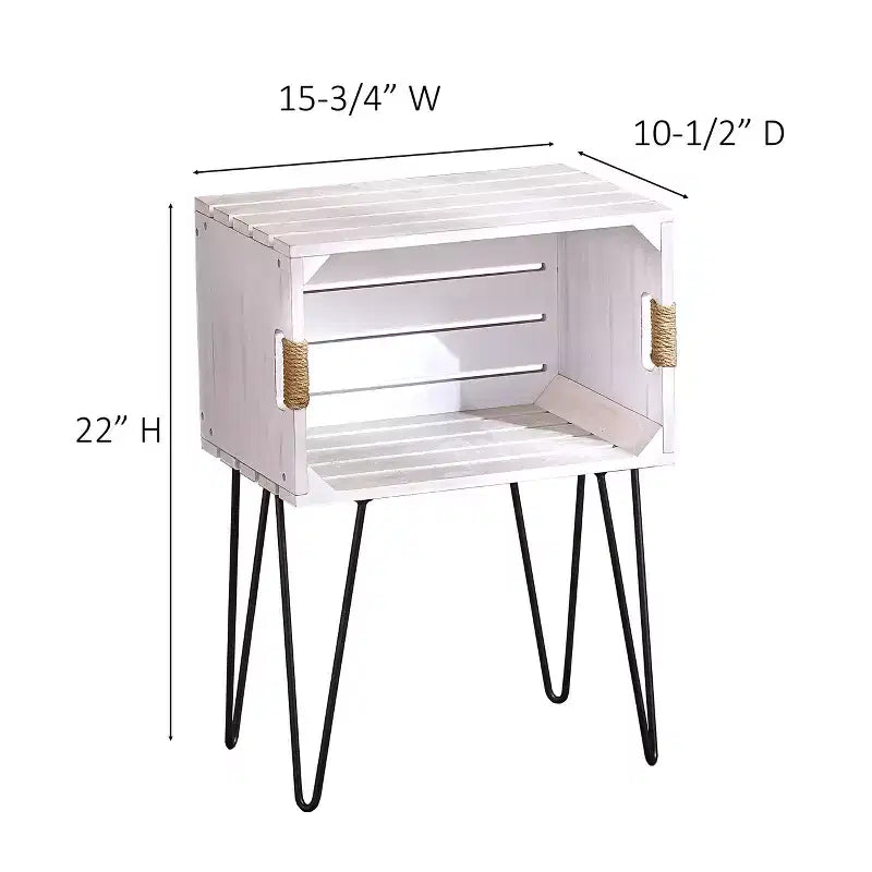 Table d'appoint caisse rustique, pieds épingle, poignées en jute, étagère ouverte, MDF, 40 cm (L) x 26,7 cm (P) x 56 cm (H)