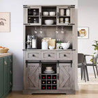 Meuble de bar de ferme de 72 po, porte coulissante de style grange, 3 tiroirs, 7 étagères, porte-bouteilles et verres, 42 po l. x 15,5 po P.