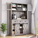 Meuble de bar de ferme de 72 po, porte coulissante de style grange, 3 tiroirs, 7 étagères, porte-bouteilles et verres, 42 po l. x 15,5 po P.