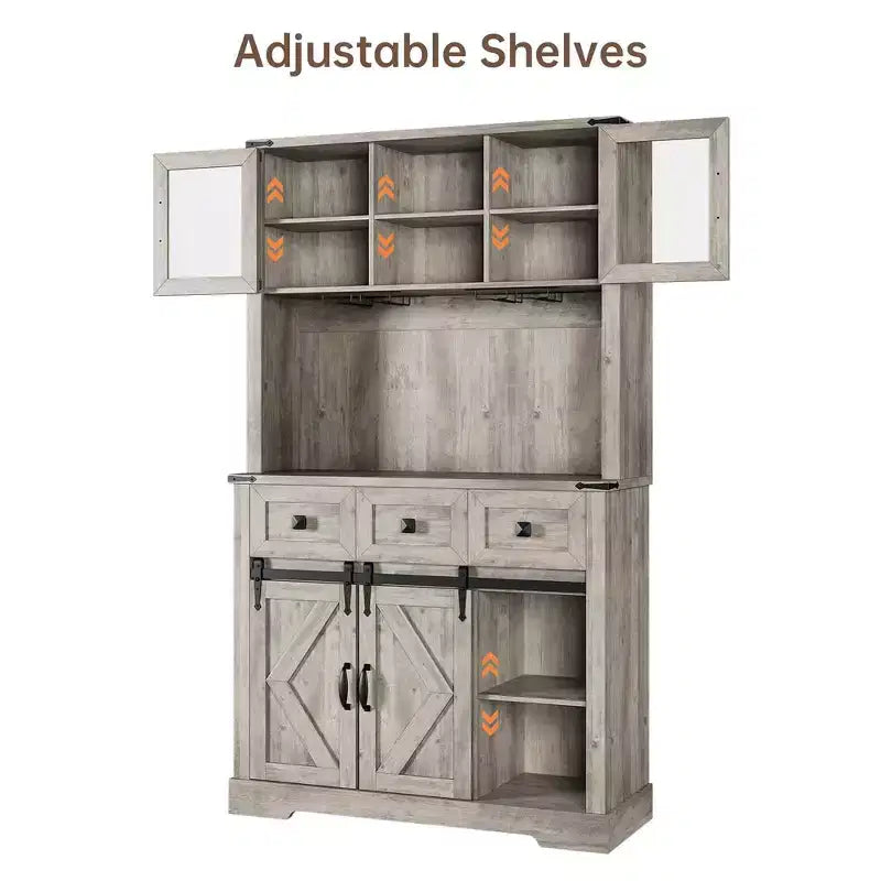Meuble de bar de ferme de 72 po, porte coulissante de style grange, 3 tiroirs, 7 étagères, porte-bouteilles et verres, 42 po l. x 15,5 po P.